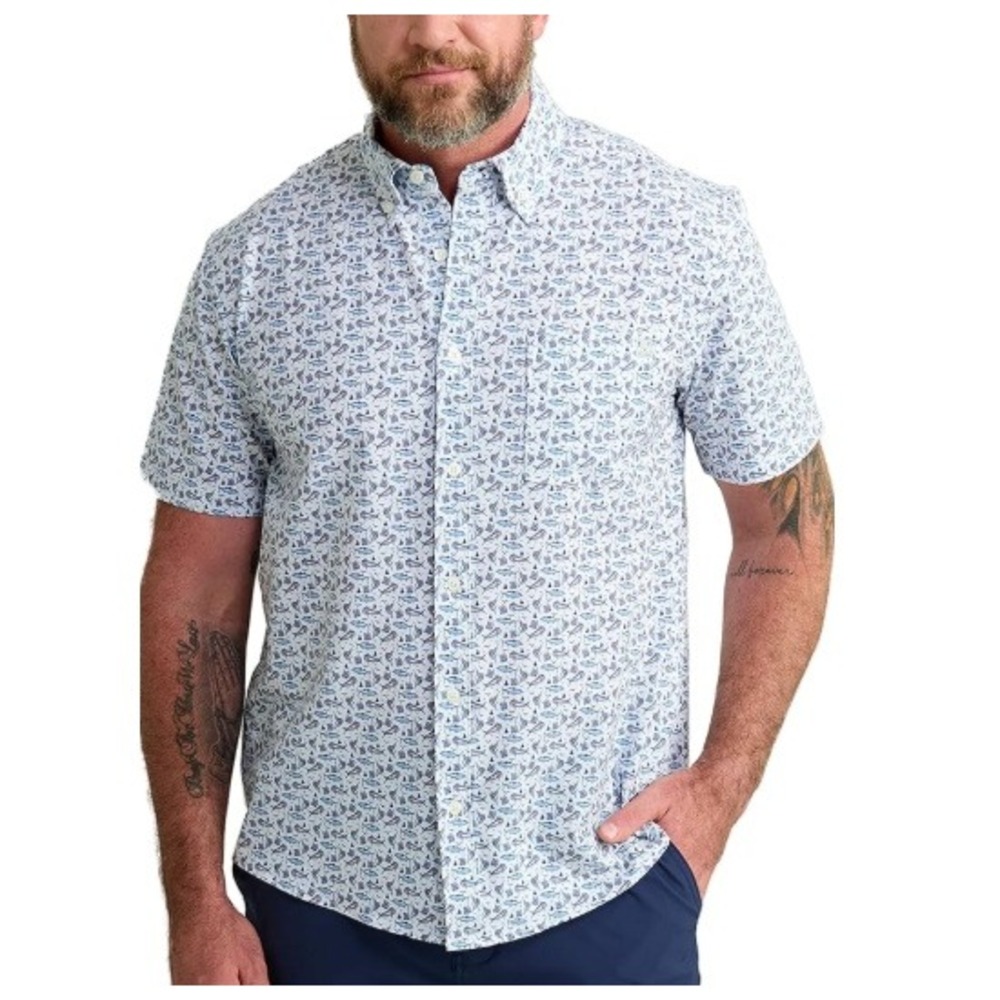 HUK Men's White Print Kona Printed Short Sleeve Fishing Shirt‎ Size XL NWT